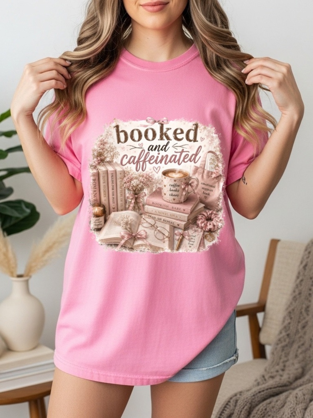 Comfort Colors Pink "Booked and Caffeinated" Graphic Tee - Picture 1 of 1